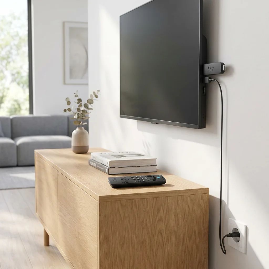 KI-Visualisierung: Amazon Fire TV Stick 4K Max (2. Generation) Streaming-Stick an einem Fernseher angeschlossen