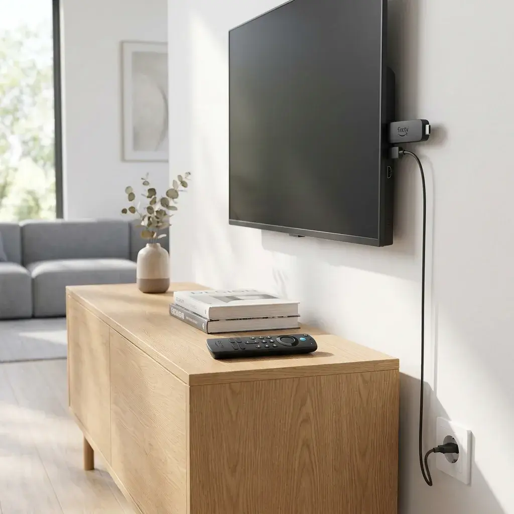 KI-Visualisierung: Amazon Fire TV Stick 4K Max (2. Generation) Streaming-Stick an einem Fernseher angeschlossen