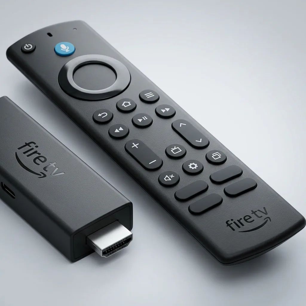 KI-Visualisierung: Amazon Fire TV Stick 4K Max (2. Generation) Streaming-Stick mit Fernbedienung auf grauem Grund