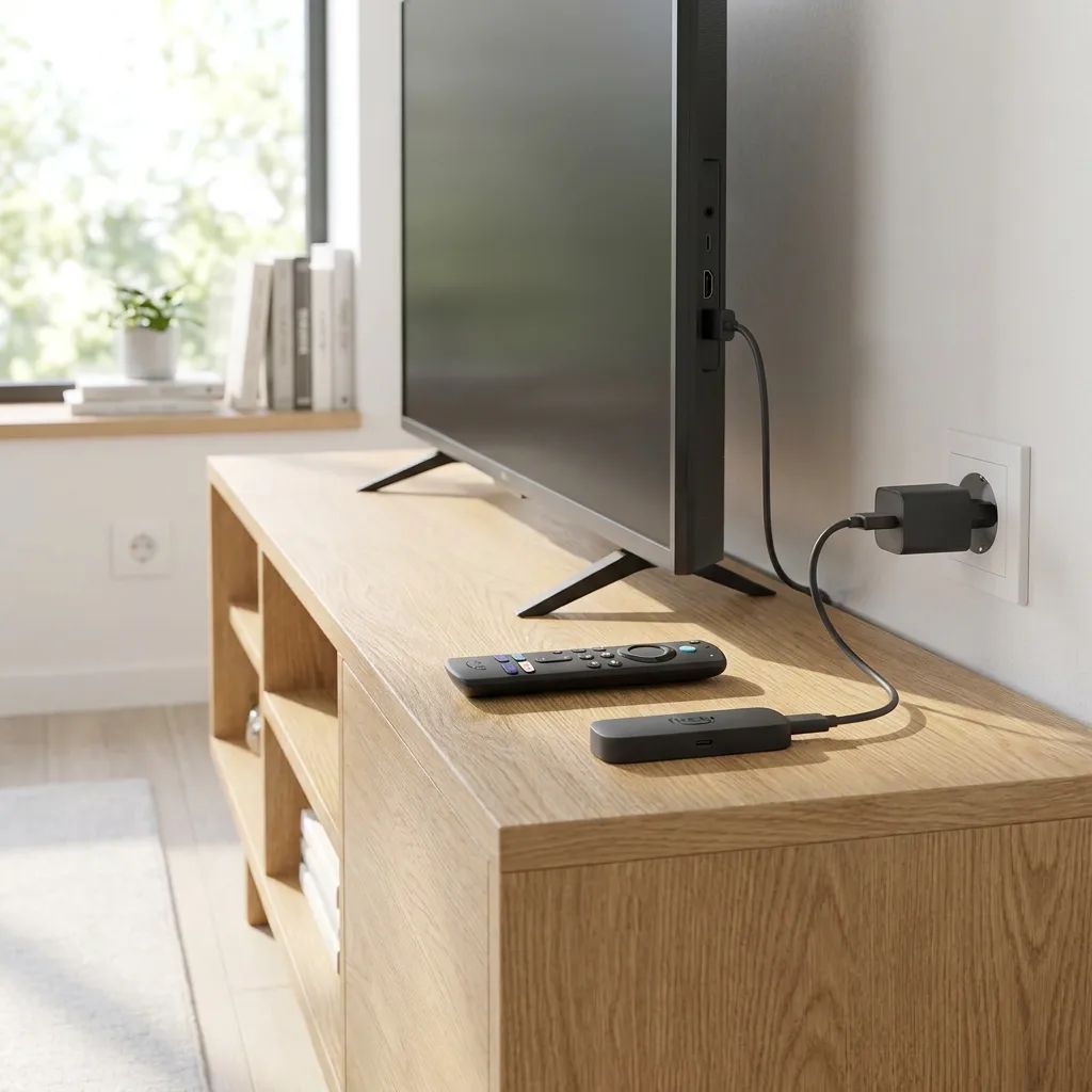 KI-Visualisierung: Amazon Fire TV Stick 4K Max (2. Generation) auf einem TV-Board vor dem Fernseher