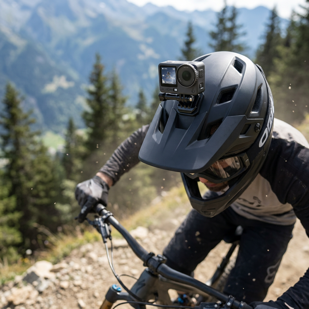 KI-Visualisierung: DJI Osmo Action 6 Actionkamera am Helm beim Mountainbiken
