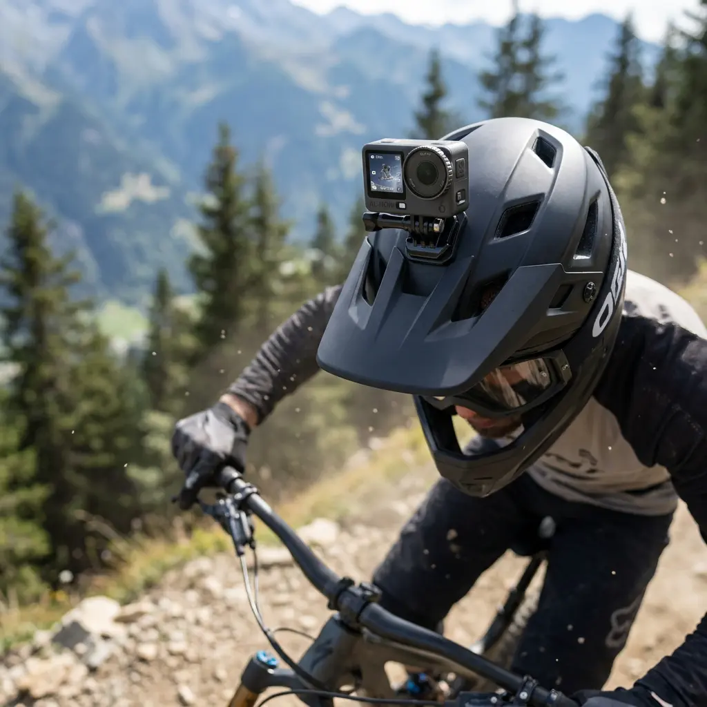 KI-Visualisierung: DJI Osmo Action 6 Actionkamera am Helm beim Mountainbiken