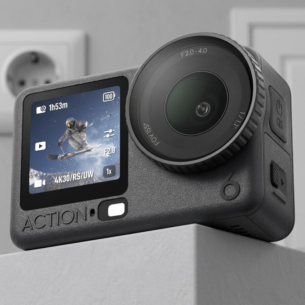 KI-Visualisierung: DJI Osmo Action 6 Objektiv und Display einer Actionkamera