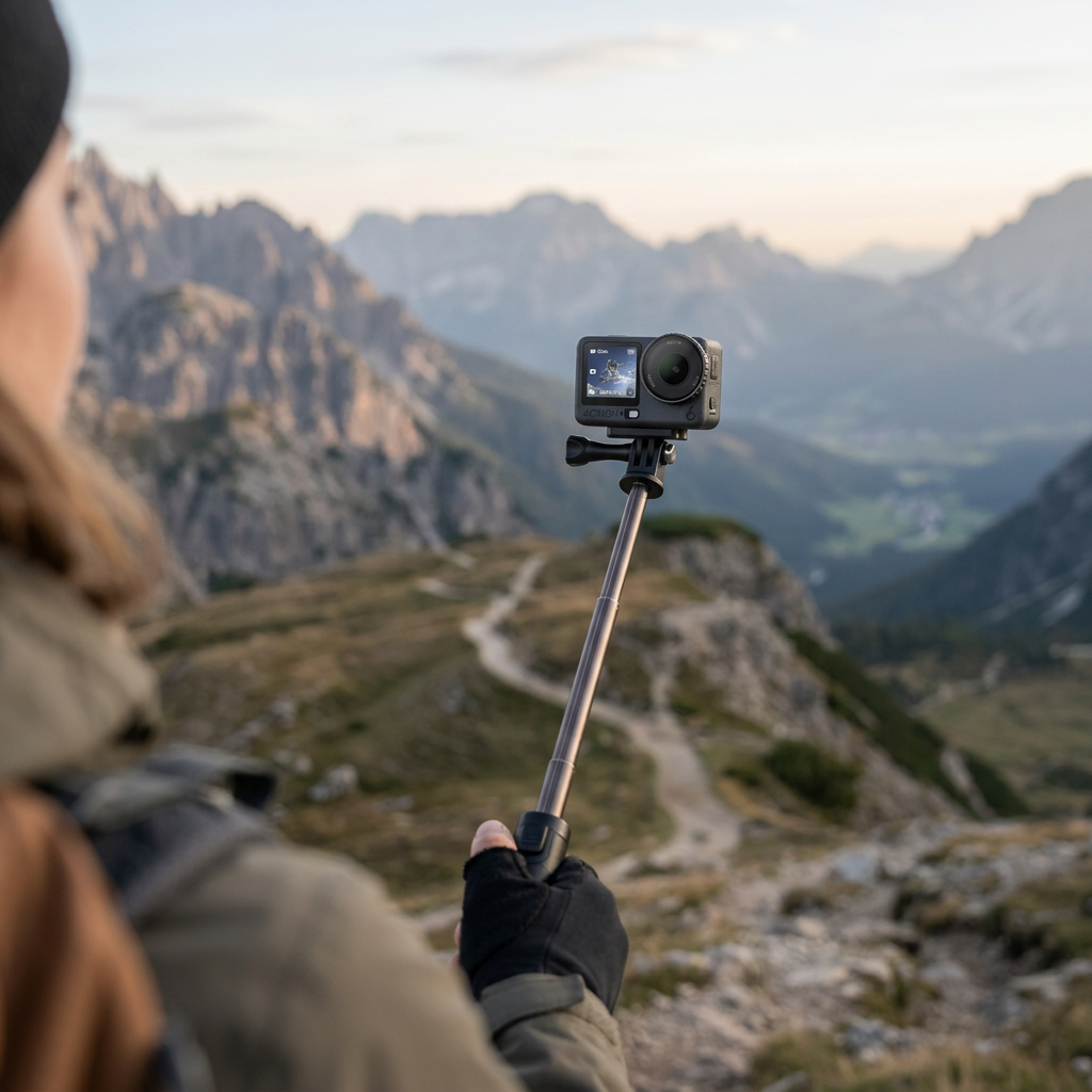 KI-Visualisierung: DJI Osmo Action 6 Actionkamera auf Selfiestick bei Landschaftsaufnahme