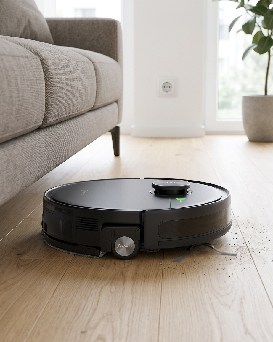 Ecovacs DEEBOT T80S OMNI – cleaning under a modern sofa