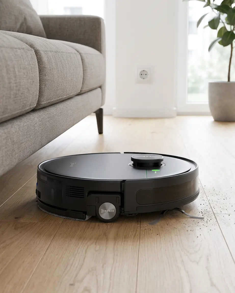 Ecovacs DEEBOT T80S OMNI – cleaning under a modern sofa