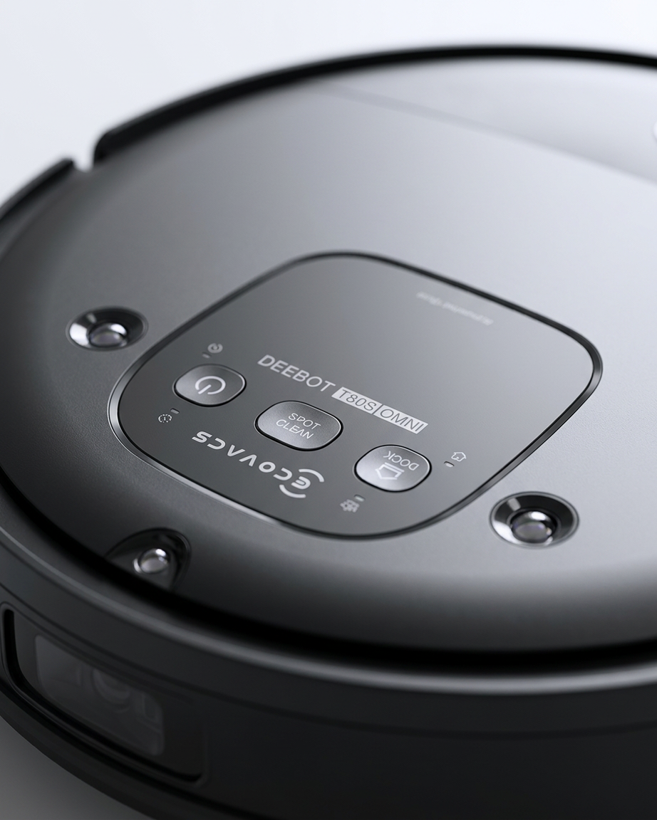 Ecovacs DEEBOT T80S OMNI – detailed view of the top panel, buttons and sensors