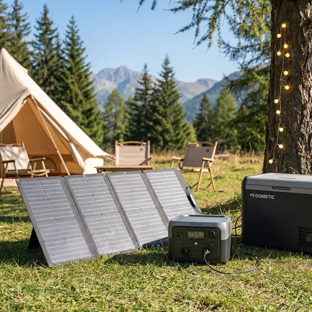 KI-Visualisierung: EcoFlow RIVER 2 Max Solargenerator (PV160W) Solargenerator betreibt Kühlbox beim Camping