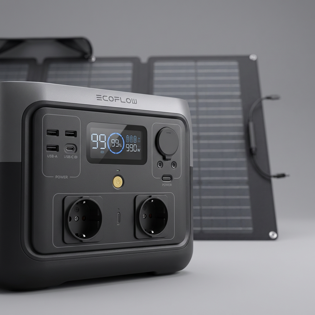 KI-Visualisierung: EcoFlow RIVER 2 Max Solargenerator (PV160W) Detailansicht der Anschlüsse und Display