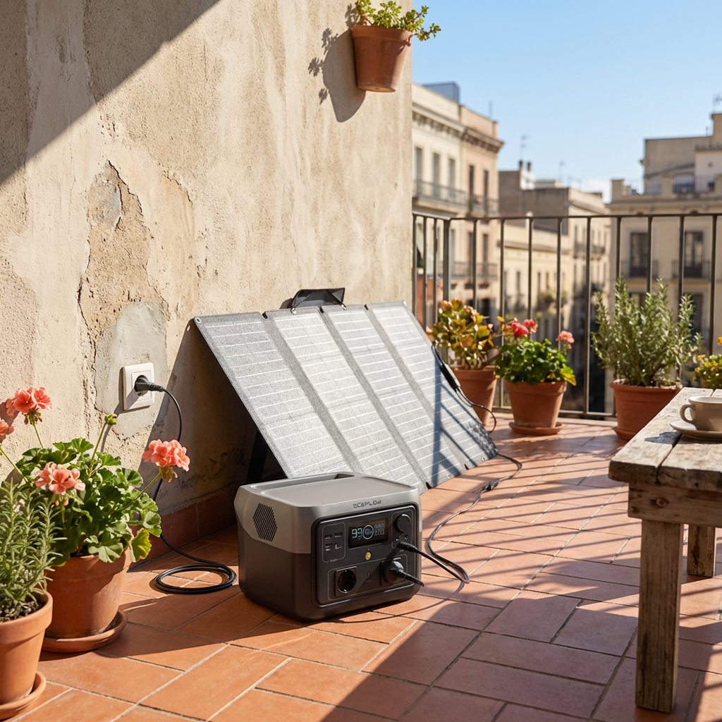 KI-Visualisierung: EcoFlow RIVER 2 Max Solargenerator (PV160W) Solarmodul lädt Generator auf Balkon