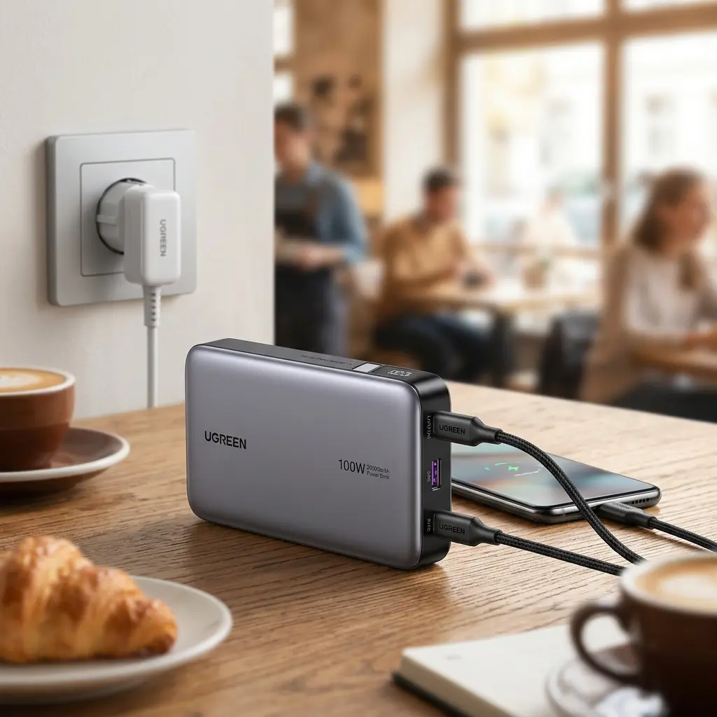 KI-Visualisierung: Ugreen 100W 20000mAh Power Bank Laden eines Smartphones per Kabel