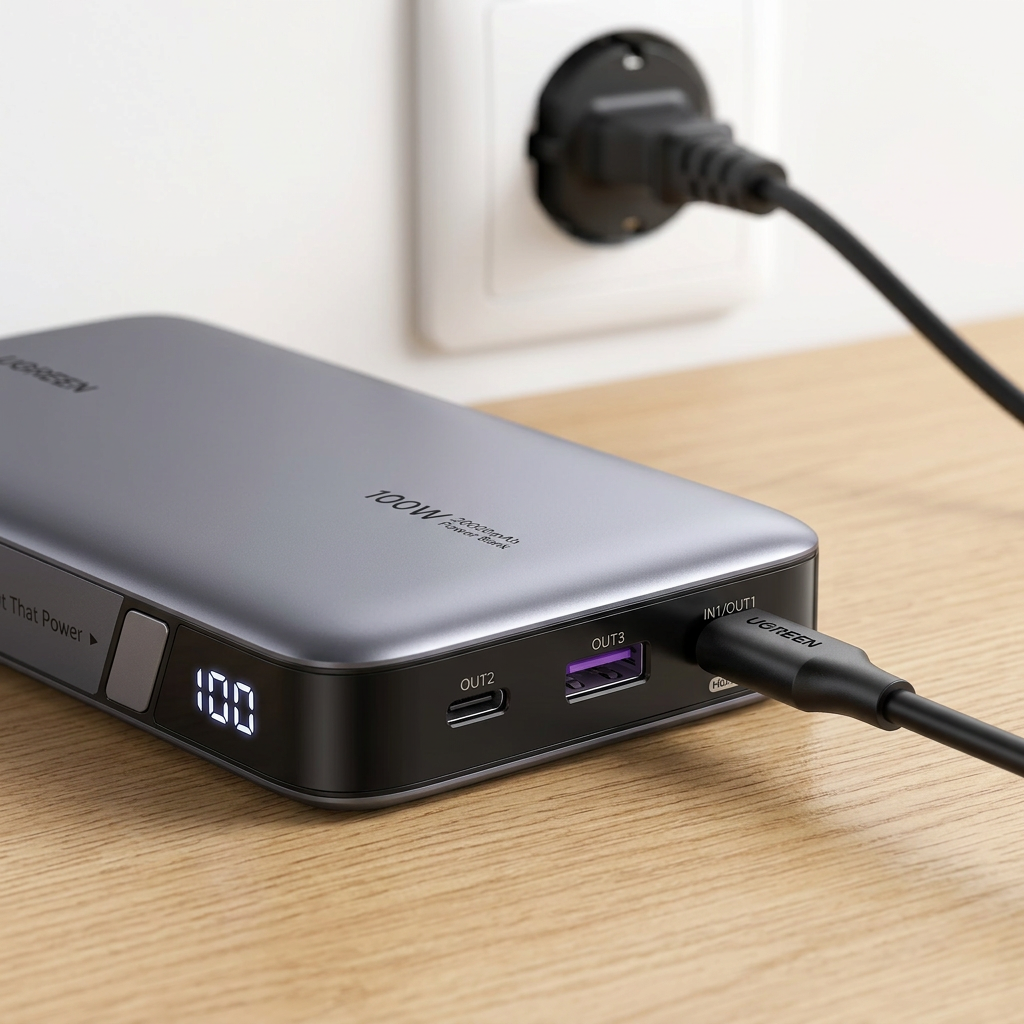 KI-Visualisierung: Ugreen 100W 20000mAh Power Bank Anschlüsse und LED-Anzeigen der Powerbank