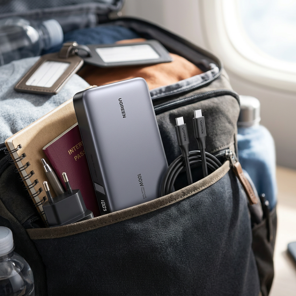 KI-Visualisierung: Ugreen 100W 20000mAh Power Bank für die Reise eingepackt