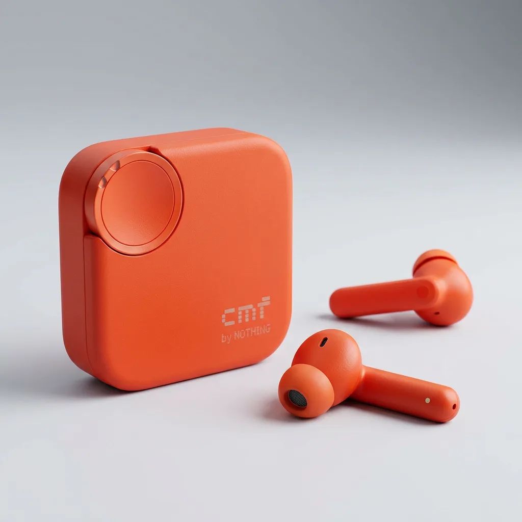 KI-Visualisierung: Nothing CMF Buds 2 Plus orangefarbene In-Ear-Kopfhörer mit Ladecase auf hellem Untergrund