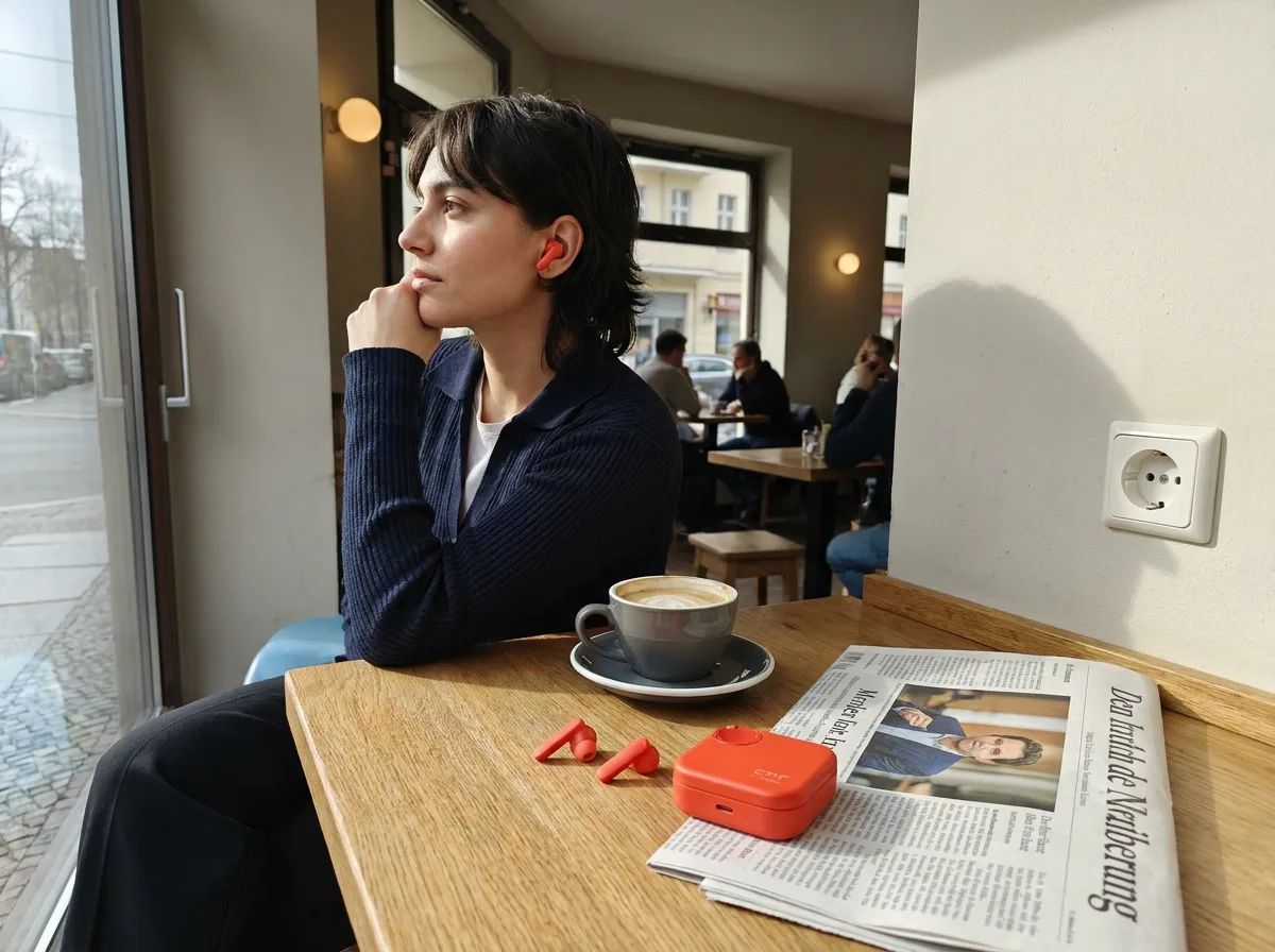 KI-Visualisierung: Nothing CMF Buds 2 Plus Frau mit In-Ear-Kopfhörern im Café