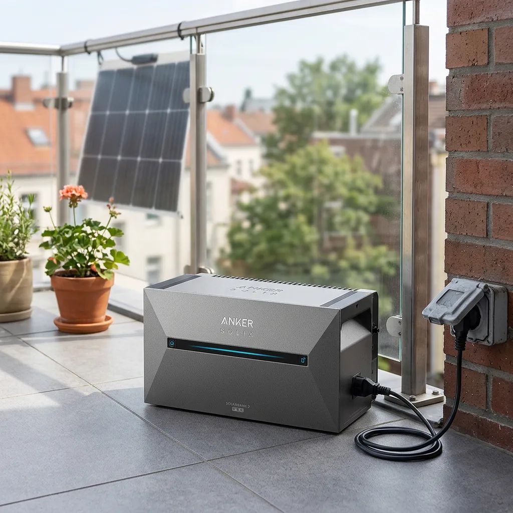 Anker SOLIX Solarbank 2 E1600 Pro – the battery storage unit standing UPRIGHT ON THE BALCONY FLOOR (wooden decking or tiles)…