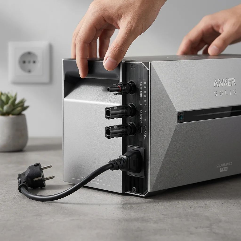 Anker SOLIX Solarbank 2 E1600 Pro – the input/output ports, MC4 solar connectors and Schuko AC cable on the side of the unit