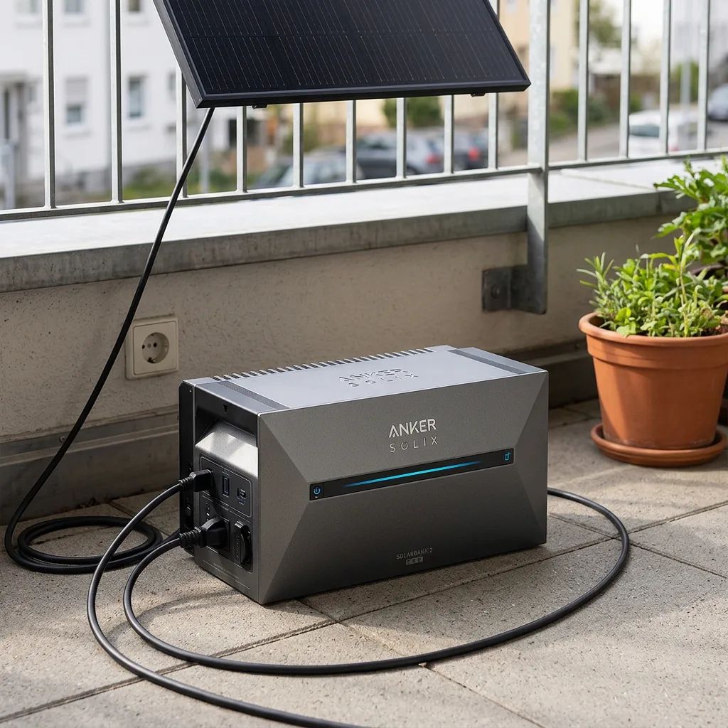 Anker SOLIX Solarbank 2 E1600 Pro – the storage unit placed flat on the balcony floor (decking or tile), realistic compact…