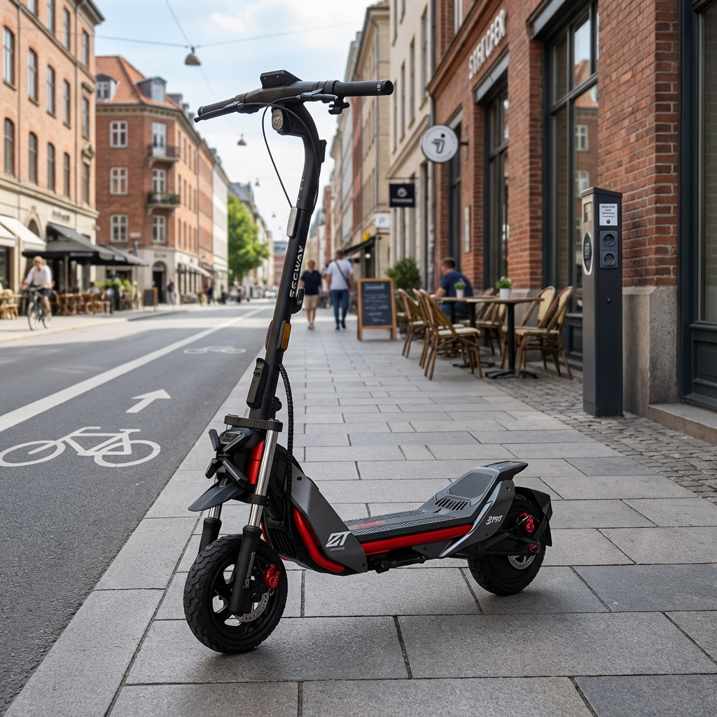 KI-Visualisierung: Segway eKickScooter ZT3 Pro D geparkter Elektroroller auf modernem Gehweg