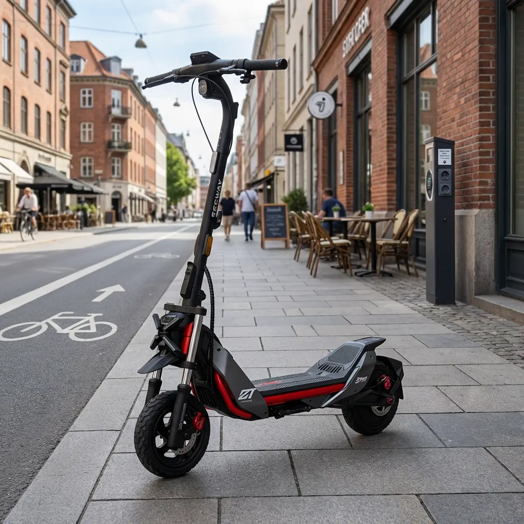 KI-Visualisierung: Segway eKickScooter ZT3 Pro D geparkter Elektroroller auf modernem Gehweg