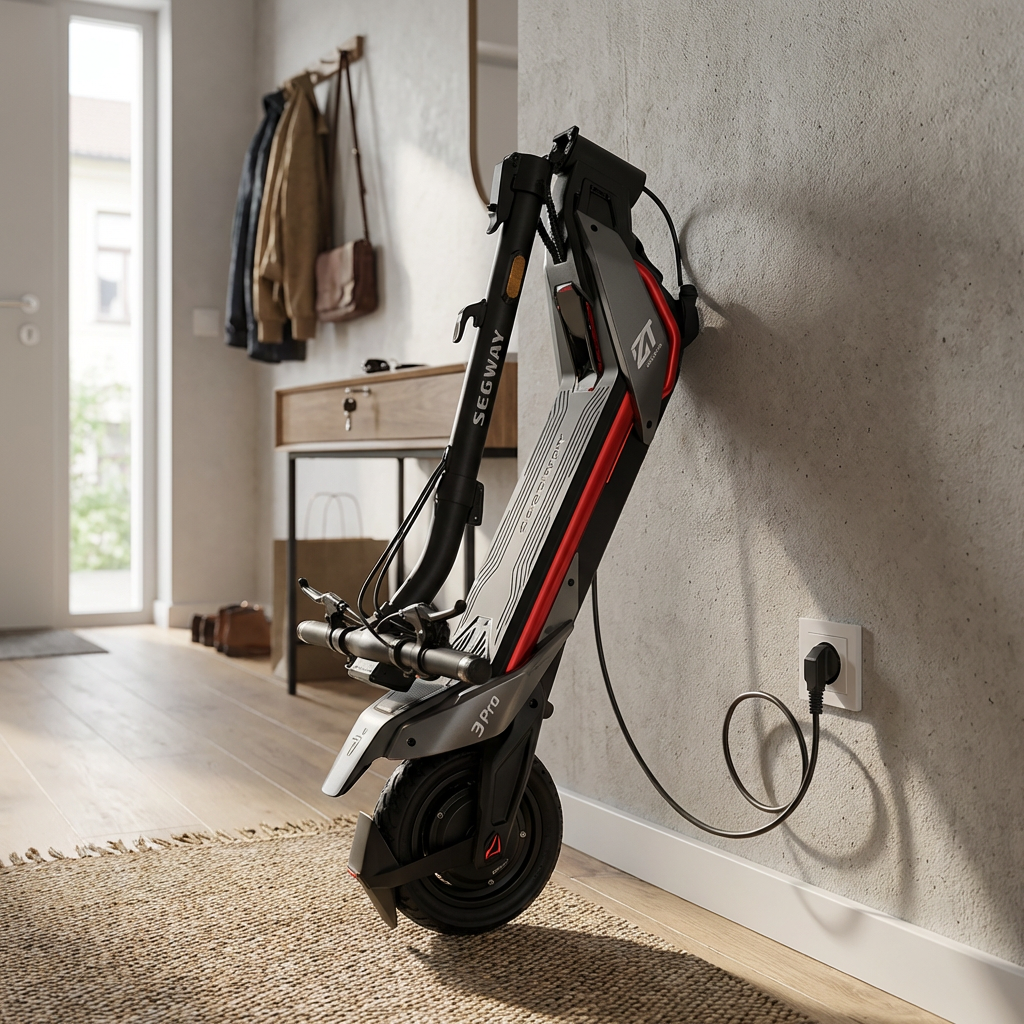 KI-Visualisierung: Segway eKickScooter ZT3 Pro D zusammengeklappter Roller an einer Wand