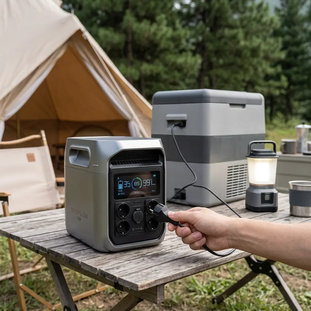 KI-Visualisierung: EcoFlow DELTA 3 Plus Tragbarer Akku speist Camping-Kühlschrank