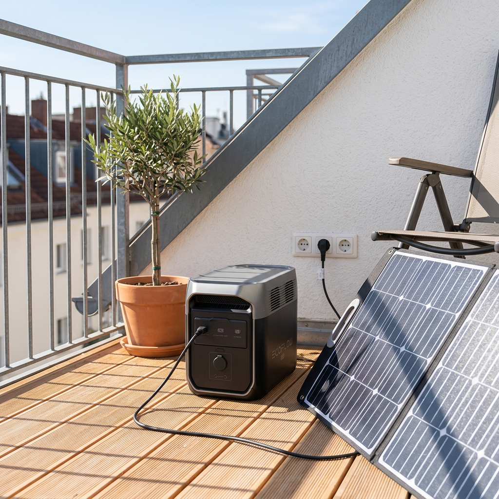 KI-Visualisierung: EcoFlow DELTA 3 Plus Laden per Solarpanel auf Balkon