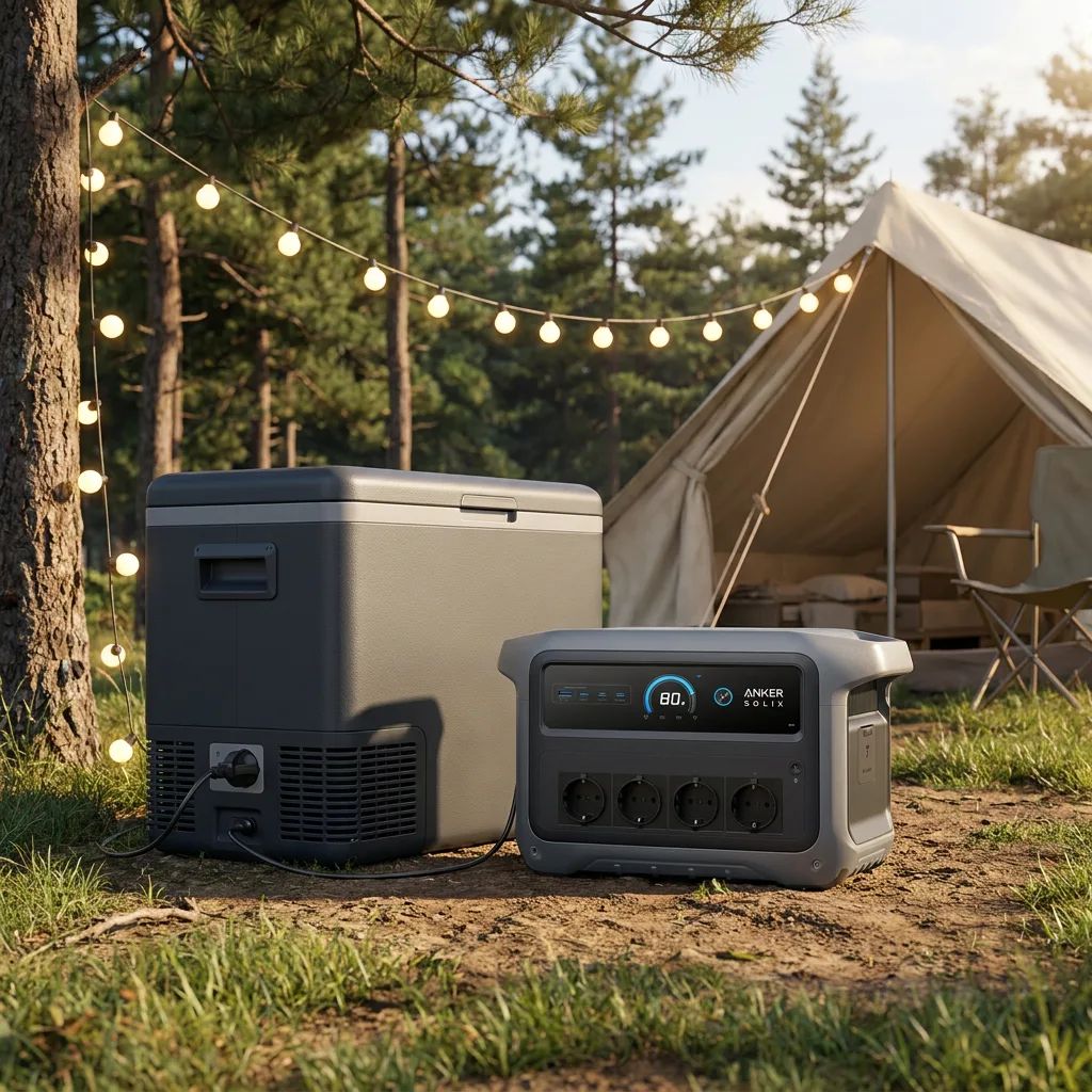 KI-Visualisierung: Anker SOLIX C1000 Gen 2 Powerstation beim Camping vor einem Zelt