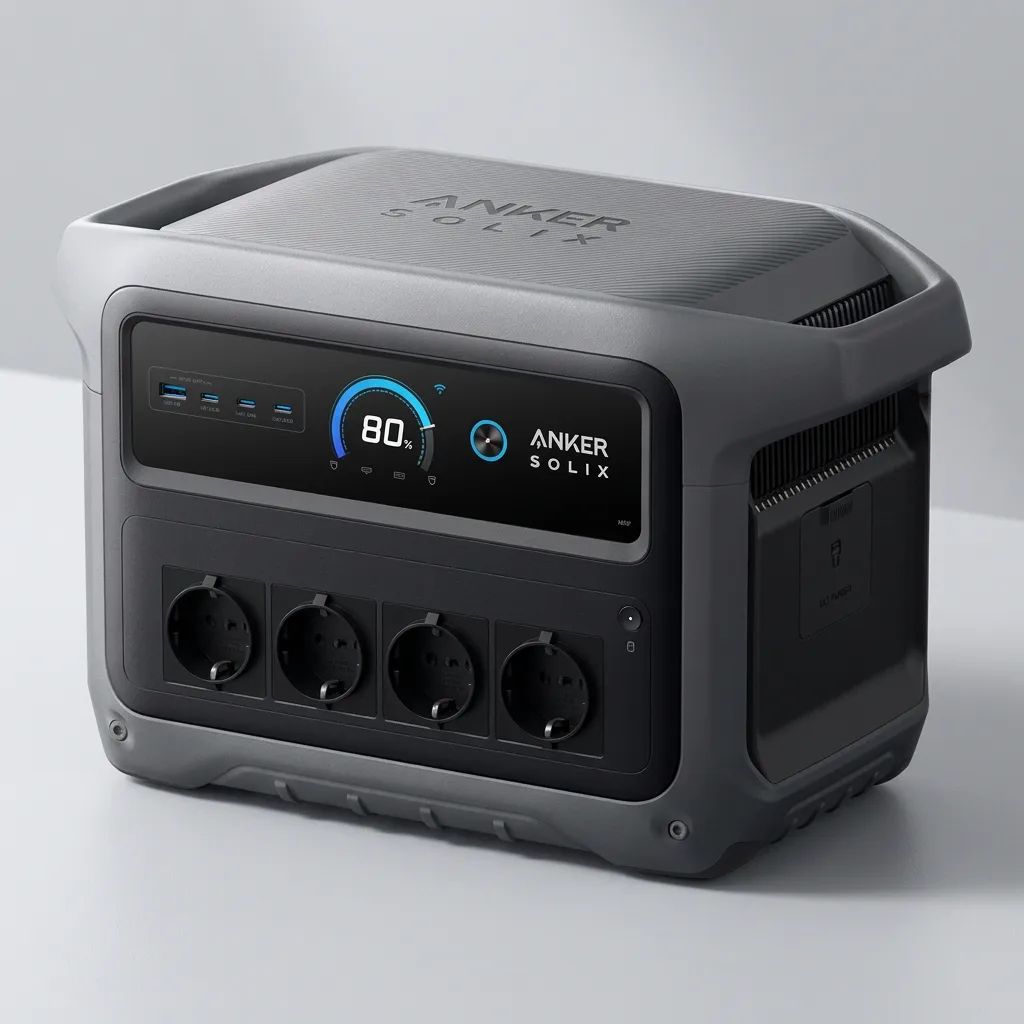 KI-Visualisierung: Anker SOLIX C1000 Gen 2 Nahaufnahme einer grauen Powerstation