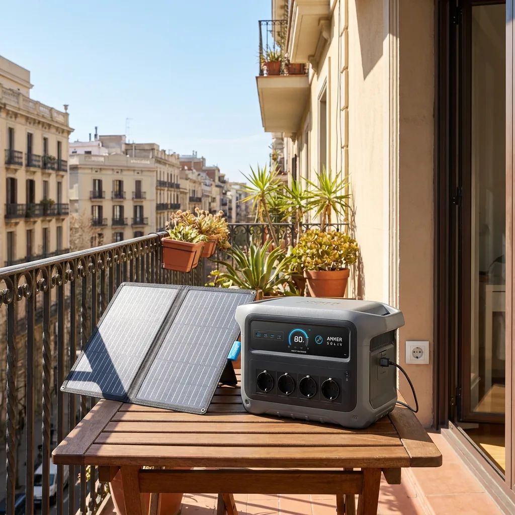 KI-Visualisierung: Anker SOLIX C1000 Gen 2 Powerstation mit Solarmodul auf einem Balkontisch