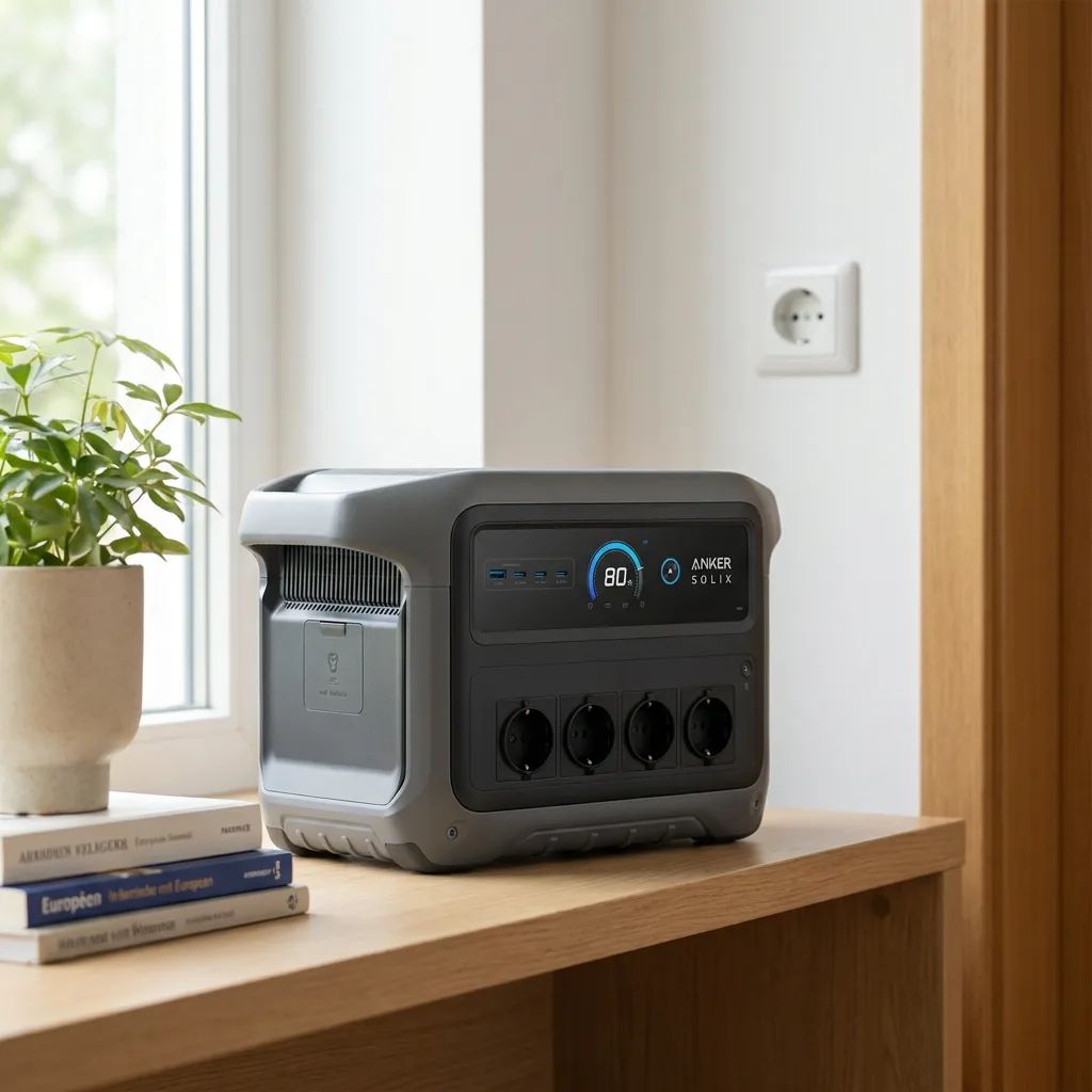 KI-Visualisierung: Anker SOLIX C1000 Gen 2 Powerstation auf einem hellen Holzregal