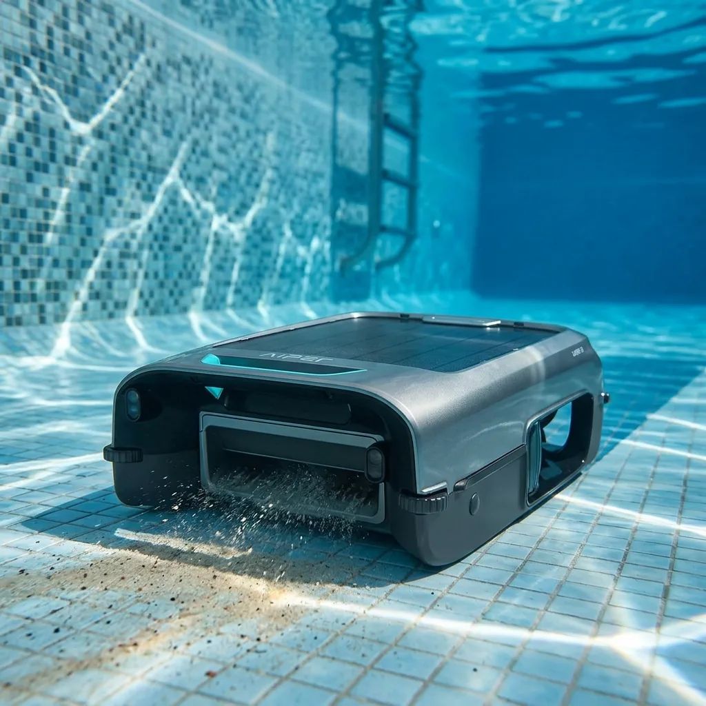 KI-Visualisierung: Aiper Surfer S2 beim Reinigen des Poolbodens unterwasser