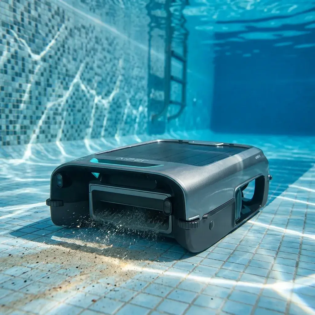 KI-Visualisierung: Aiper Surfer S2 beim Reinigen des Poolbodens unterwasser