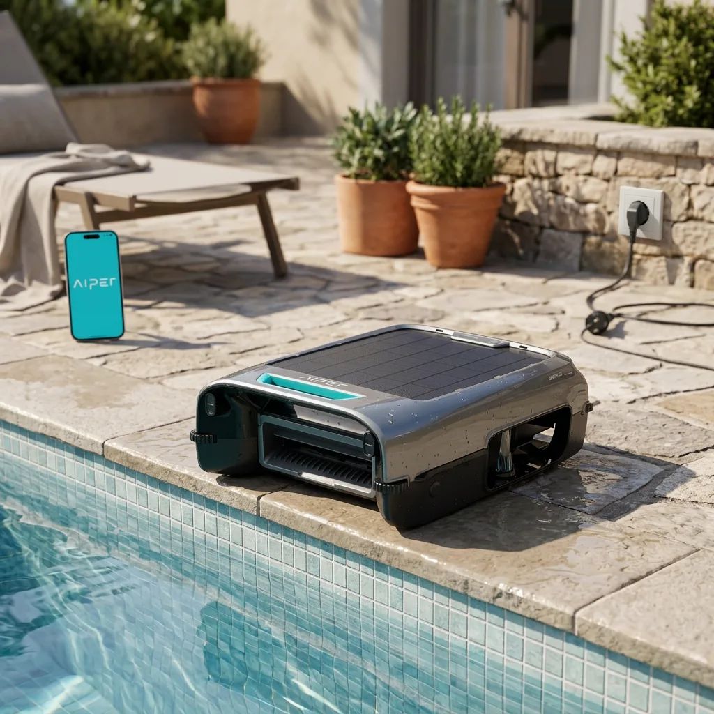 KI-Visualisierung: Aiper Surfer S2 stehend am Rand des Pools