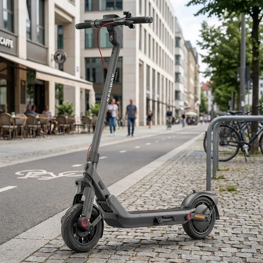 KI-Visualisierung: Segway Ninebot E3 D E-Scooter auf einem gepflasterten Gehweg