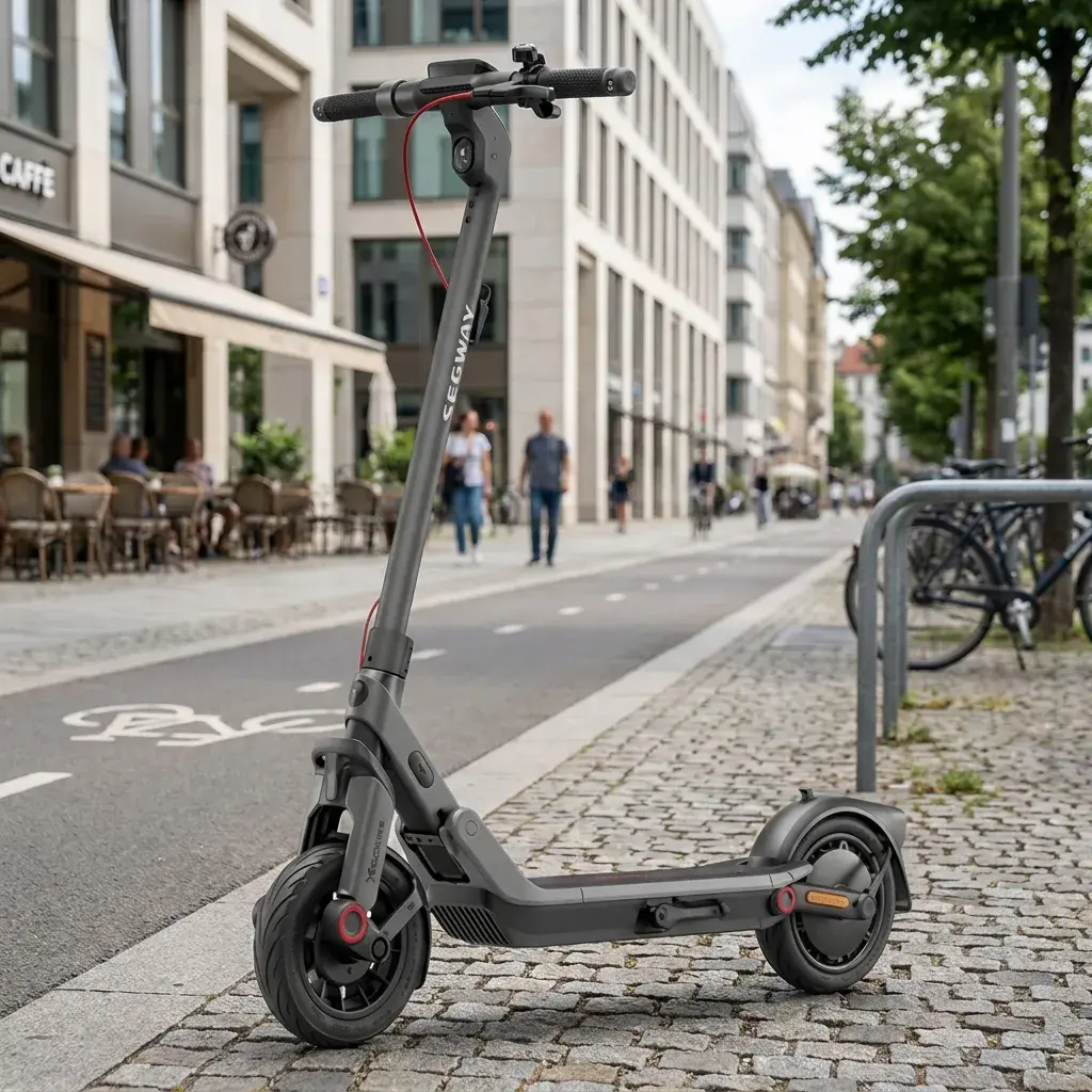 KI-Visualisierung: Segway Ninebot E3 D E-Scooter auf einem gepflasterten Gehweg