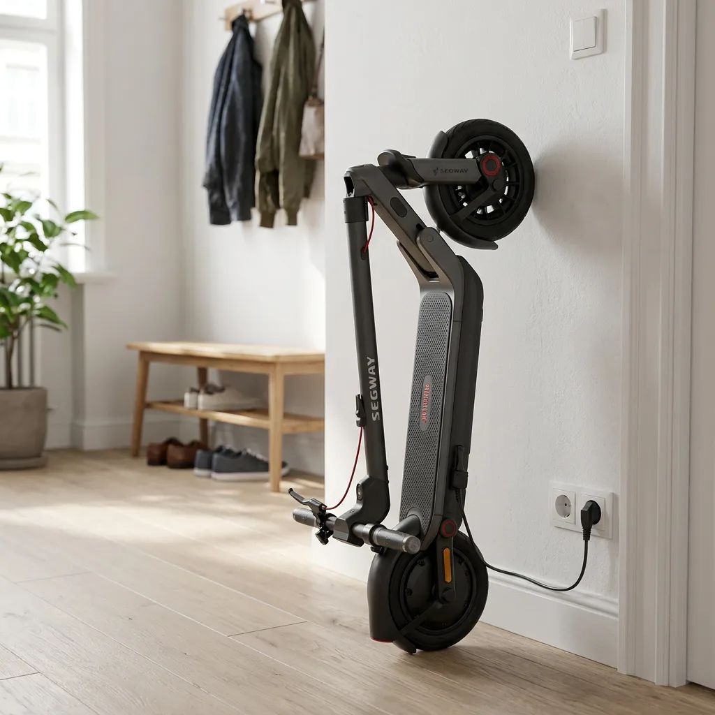 KI-Visualisierung: Segway Ninebot E3 D Zusammengeklappter E-Scooter an einer Wand