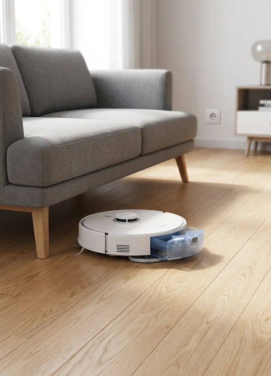 KI-Visualisierung: Xiaomi Robot Vacuum S40 Pro Saugroboter bei der Arbeit unter Möbeln
