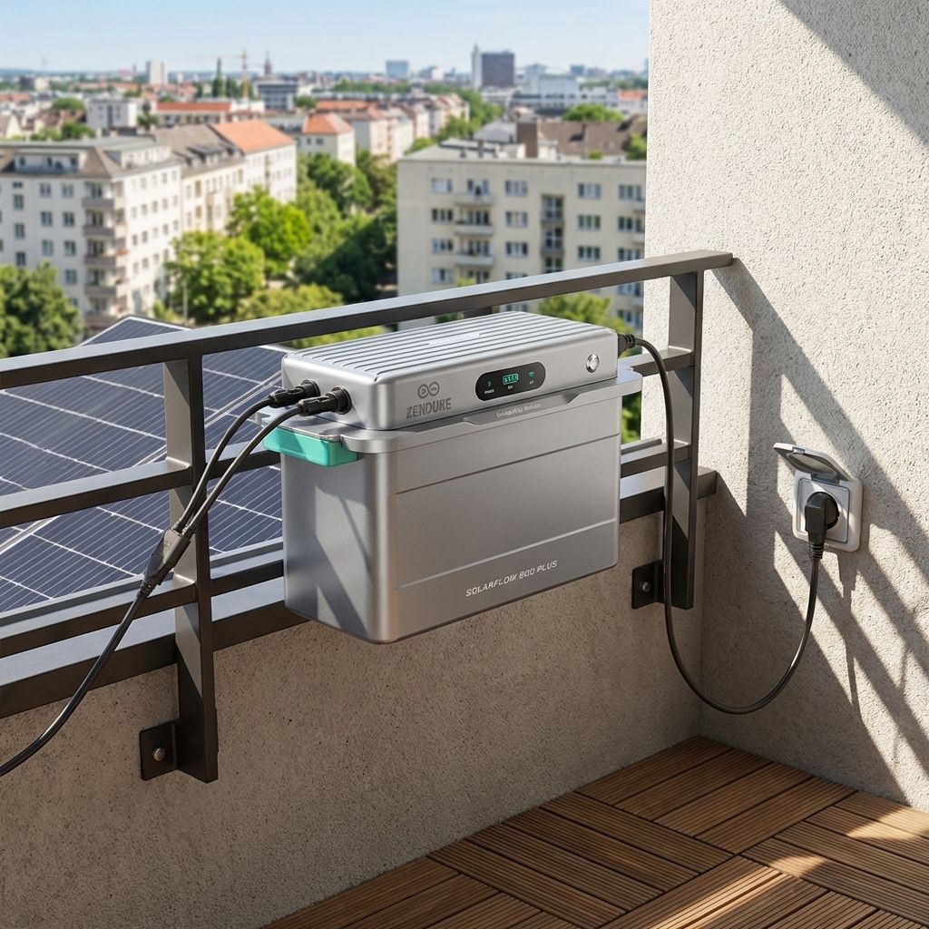 KI-Visualisierung: Zendure SolarFlow 800 Plus Balkonsolaranlage mit Blick auf Stadt