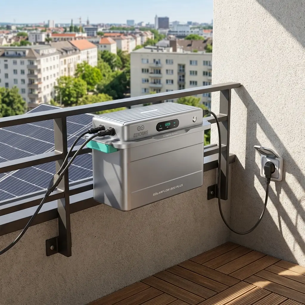 KI-Visualisierung: Zendure SolarFlow 800 Plus Balkonsolaranlage mit Blick auf Stadt
