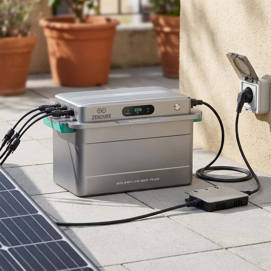 KI-Visualisierung: Zendure SolarFlow 800 Plus Wechselrichter und Kabelverbindungen im Detail
