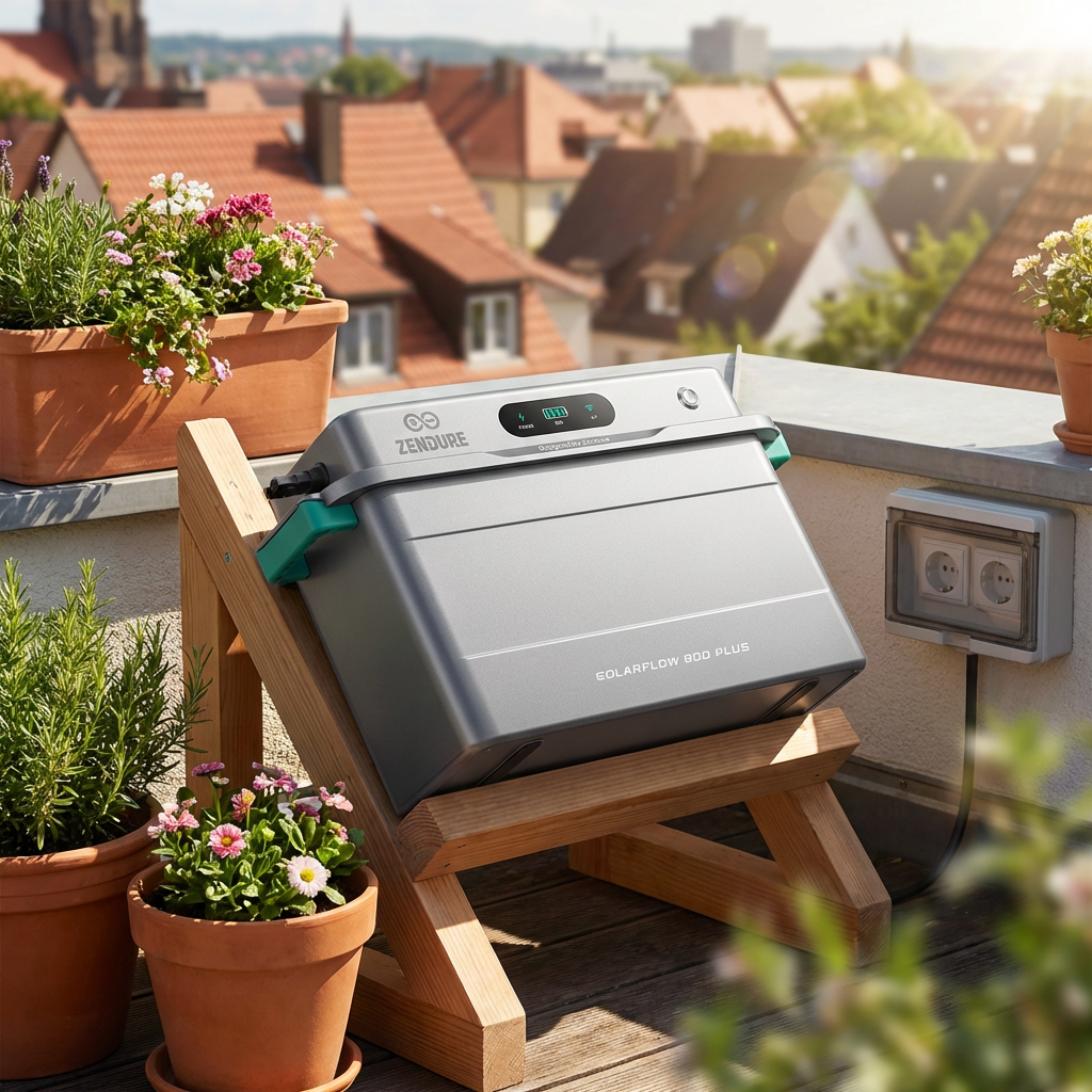 KI-Visualisierung: Zendure SolarFlow 800 Plus Solaranlage zur Sonne hin aufgestellt