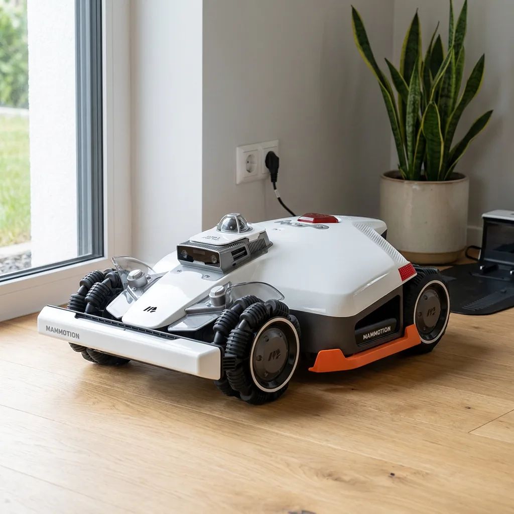 KI-Visualisierung: Mammotion LUBA 3 AWD 1500 Mähroboter auf Holzfußboden in modernem Wohnzimmer