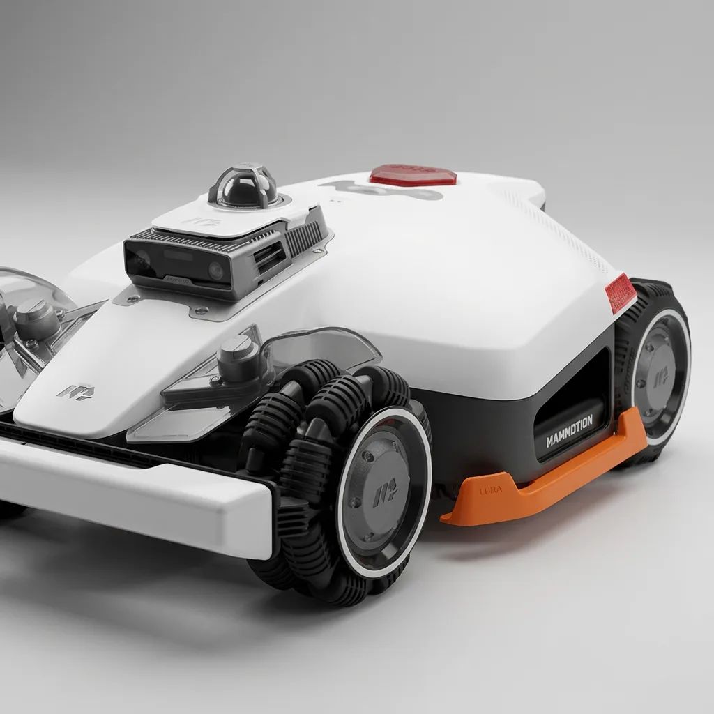 KI-Visualisierung: Mammotion LUBA 3 AWD 1500 Mähroboter vor grauem Hintergrund