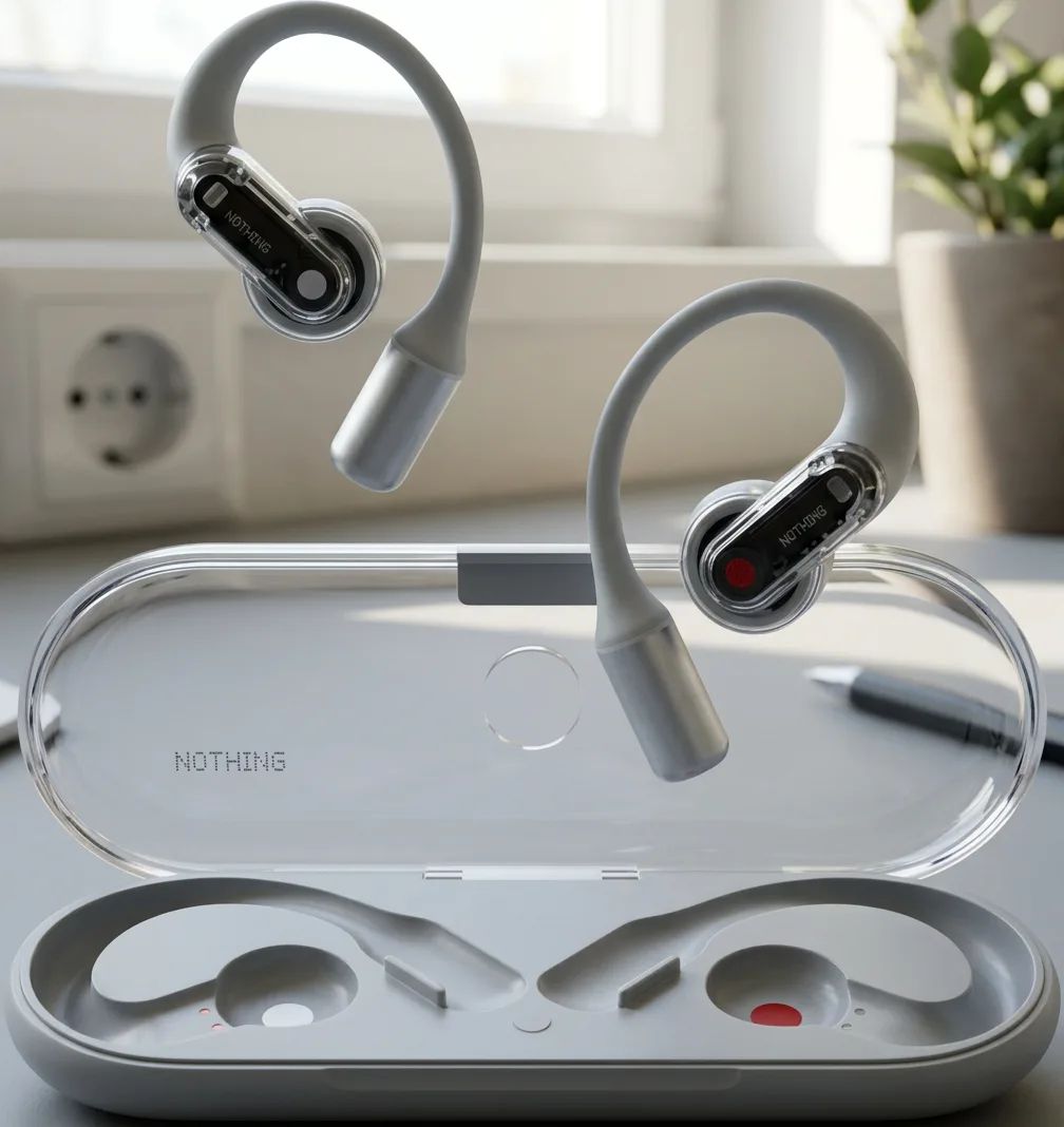 Nothing Ear – shown from the side in a calm, tidy setting with soft daylight