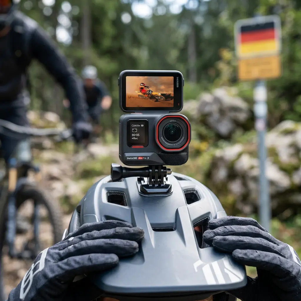 KI-Visualisierung: Insta360 Ace Pro 2 am Fahrradhelm beim Mountainbiken