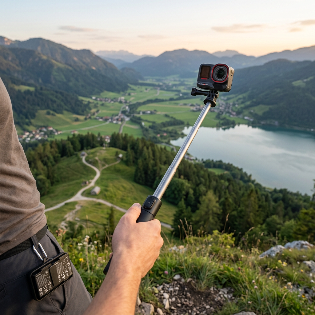 KI-Visualisierung: Insta360 Ace Pro 2 Actionkamera auf Stativ filmt Panorama