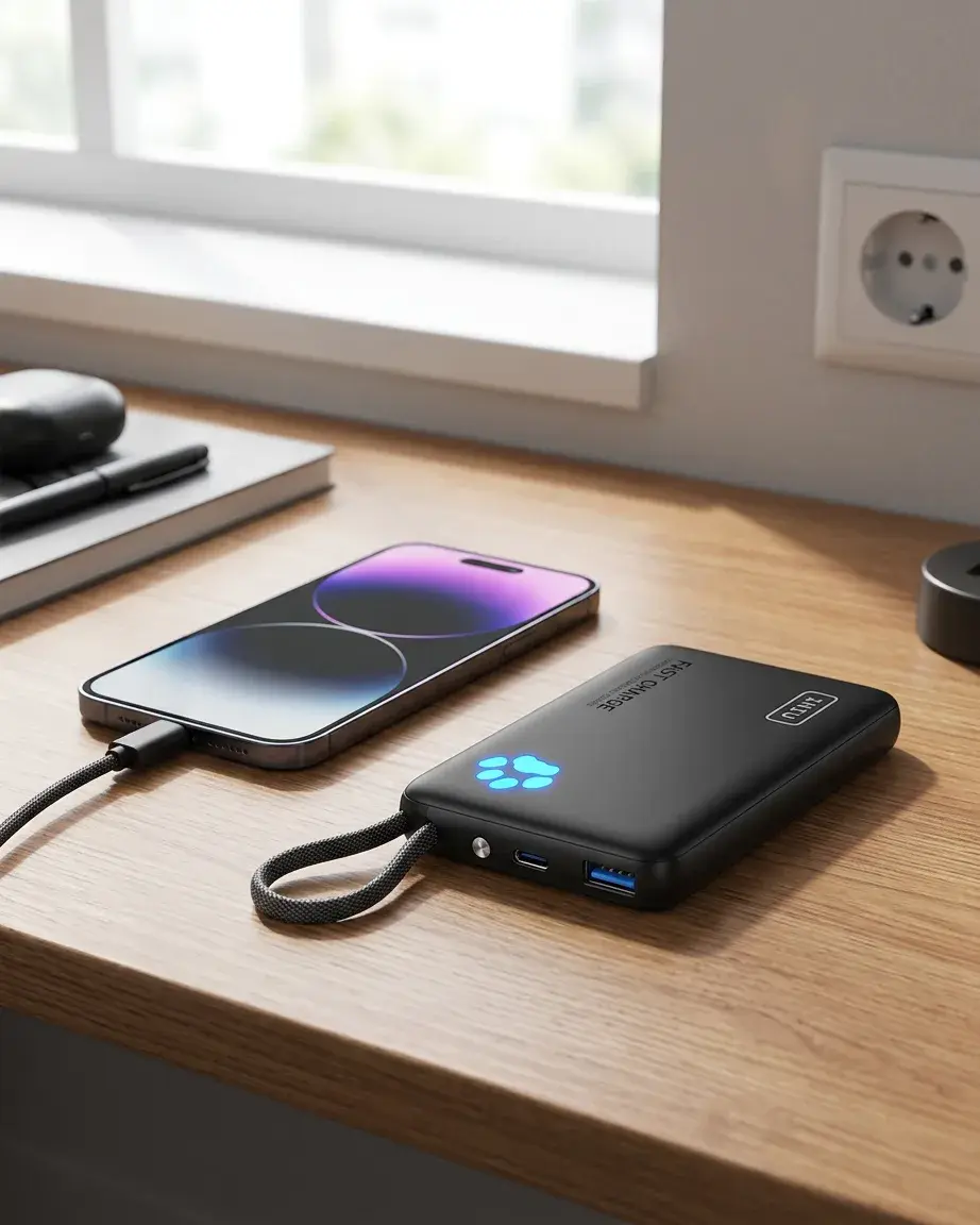 INIU Pawsible P41L-E2 Power Bank with Build in Cable Slimmest 45W 10000mAh – charging a smartphone via USB-C cable