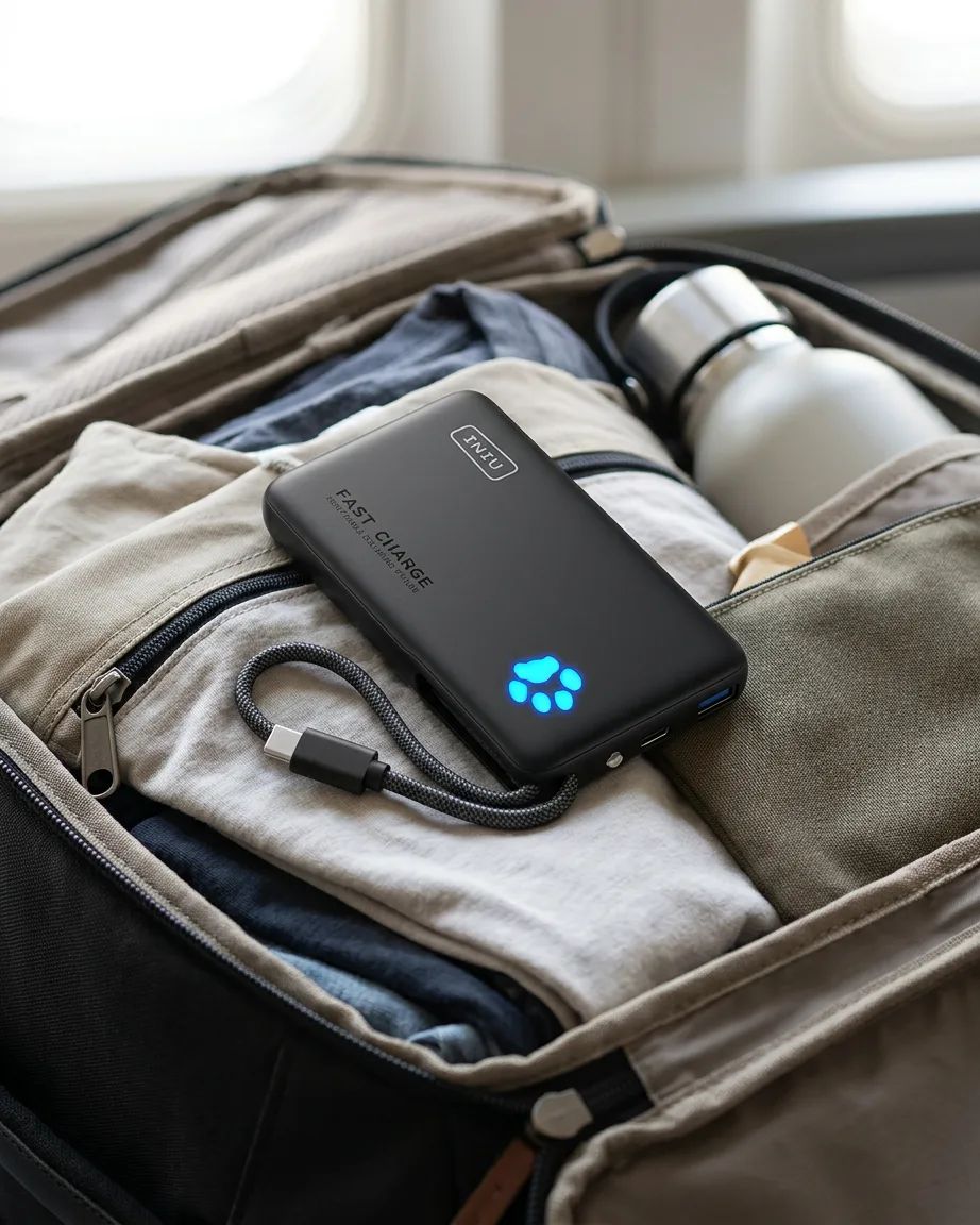 INIU Pawsible P41L-E2 Power Bank with Build in Cable Slimmest 45W 10000mAh – packed in a travel bag ready for a trip