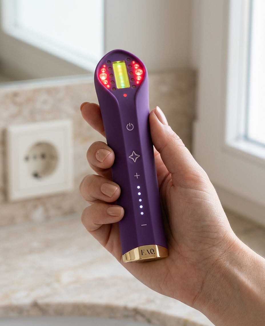 KI-Visualisierung: Foreo FAQ™ 502 Full-Spectrum Red Light Therapy Handgerät in einer erwachsenen Hand